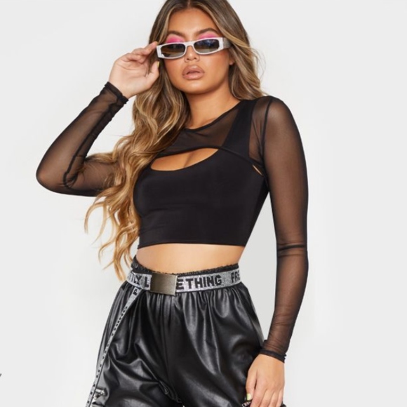 Black Slinky Mesh Contrast Long Sleeve 
